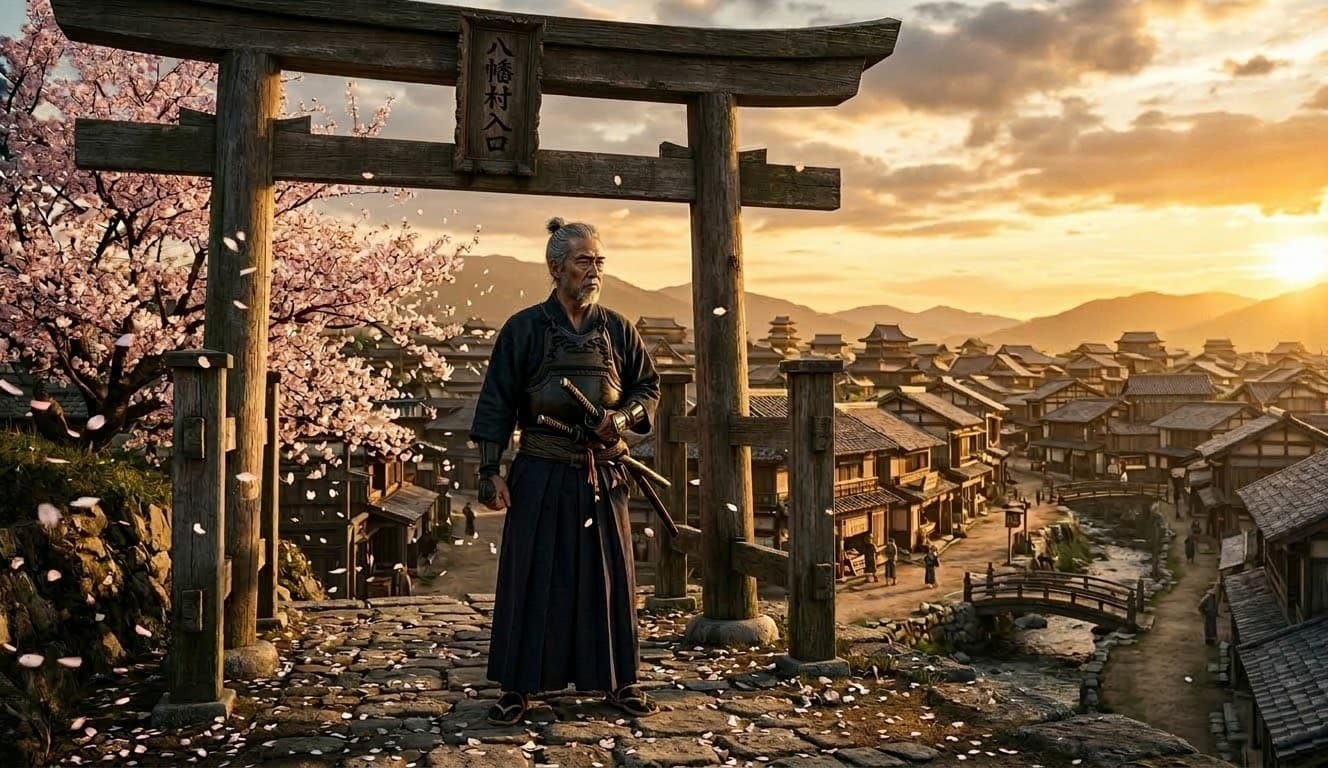 A sensei stands at the ruined gate at sunset